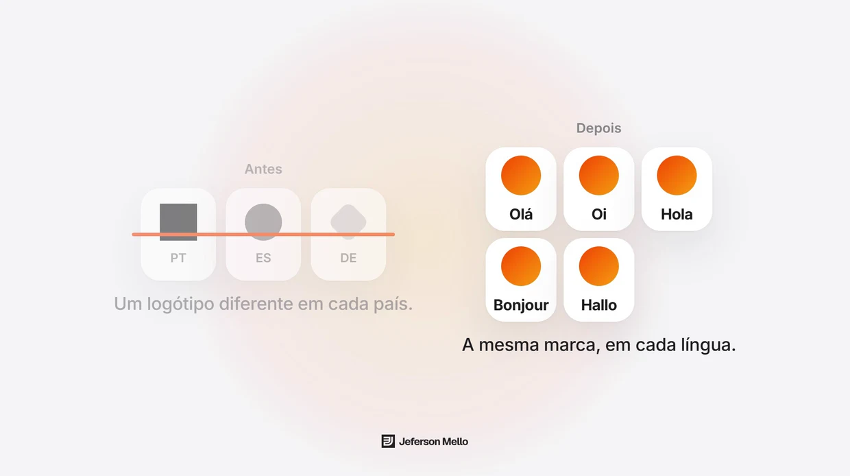 Antes, um logótipo diferente em cada país; depois, o mesmo símbolo com a saudação em português, espanhol, francês e alemão