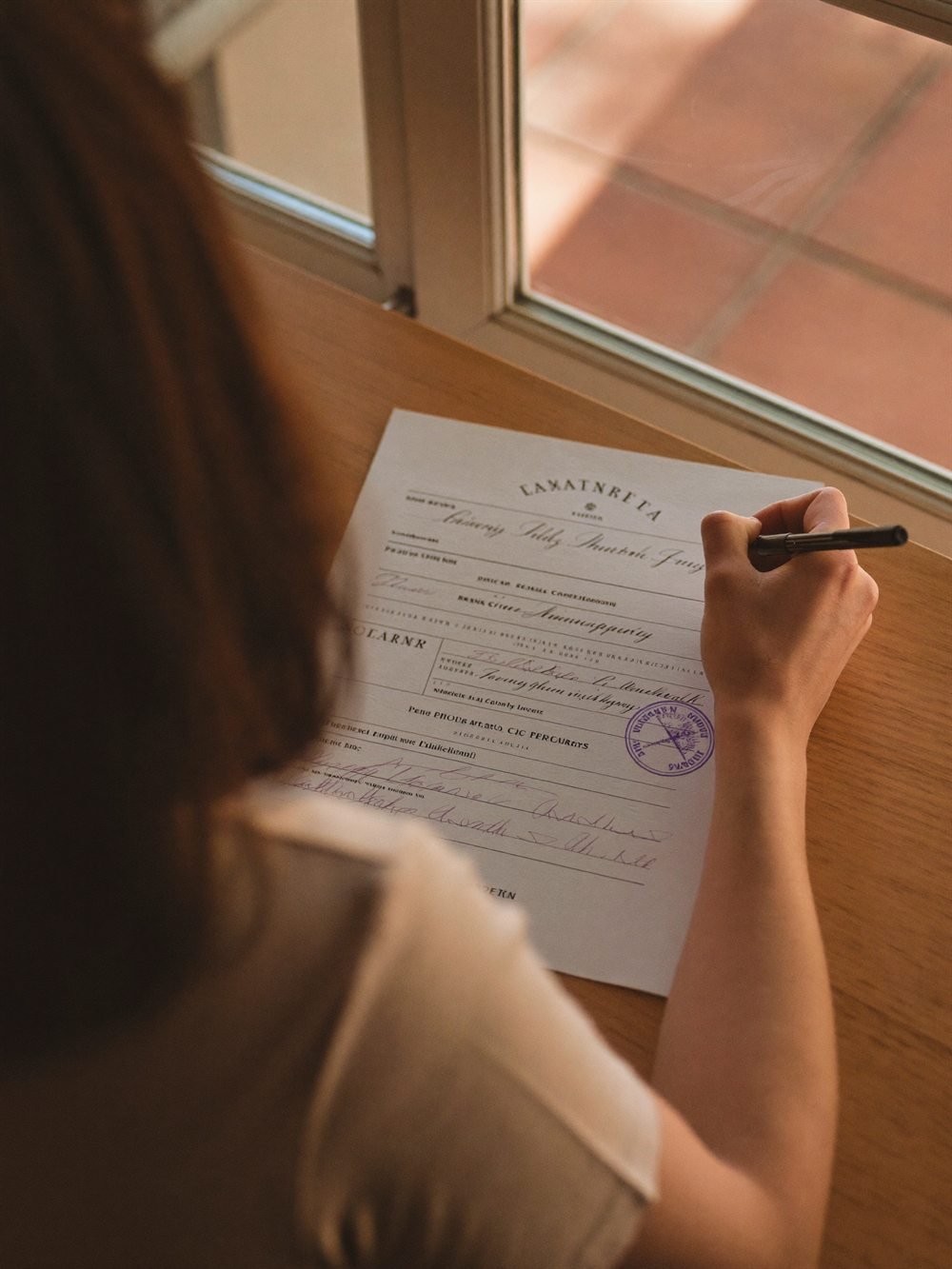 Conferência de certidões e documentos à mesa, junto à janela.