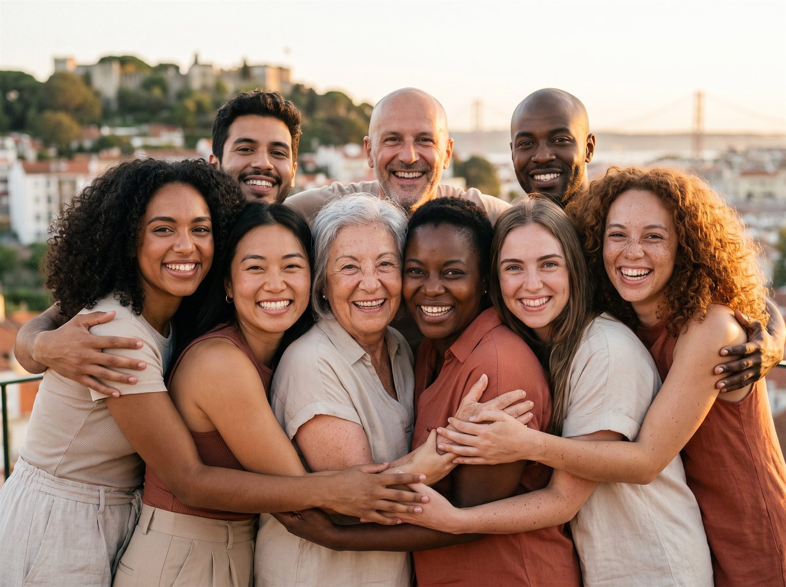 Grupo de pessoas abraçadas, sorrindo, com uma cidade portuguesa ao fundo.